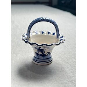 Vintage Delft Blue White Miniature Basket Dutch Windmill Folk Art Ceramic Decor